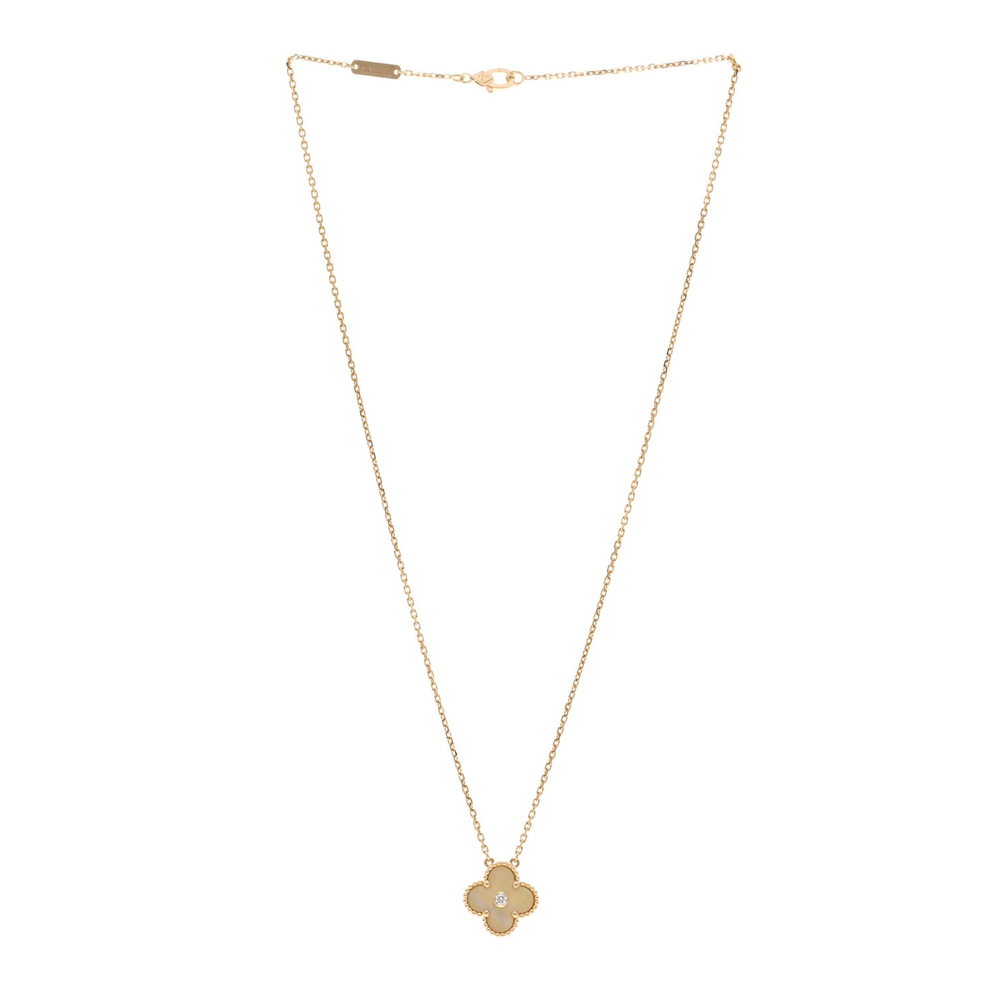 18K Yellow Gold Diamond Yellow Mother of Pearl Vintage Alhambra Pendant Necklace
