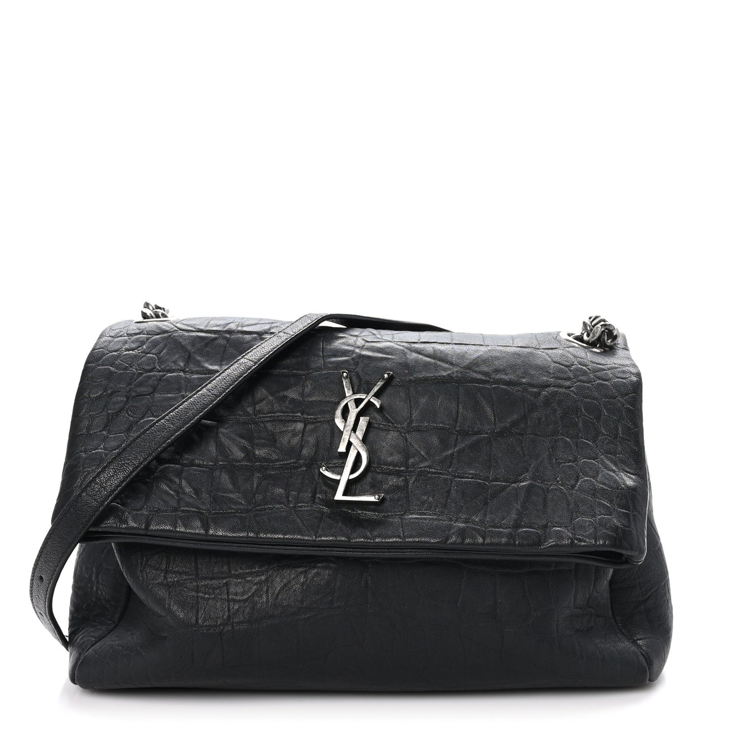 Calfskin Crocodile Embossed Medium West Hollywood Monogram Fold-Over Grey