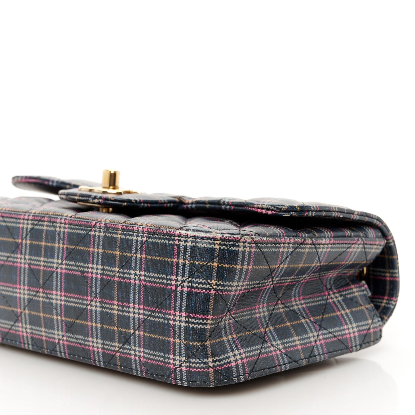 Calfskin Quilted Plaid Printed Small Single Flap Navy Multicolor