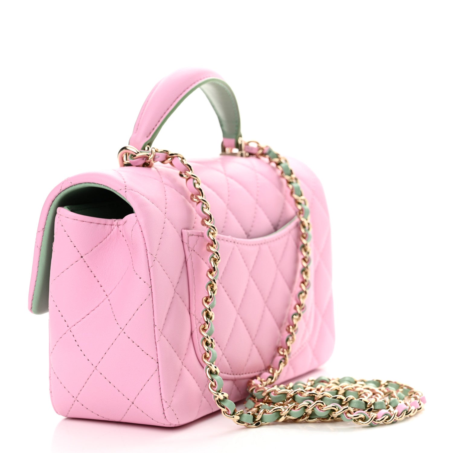 Chanel Lambskin Quilted Mini Top Handle Rectangular Flap Pink Green 3 of 11