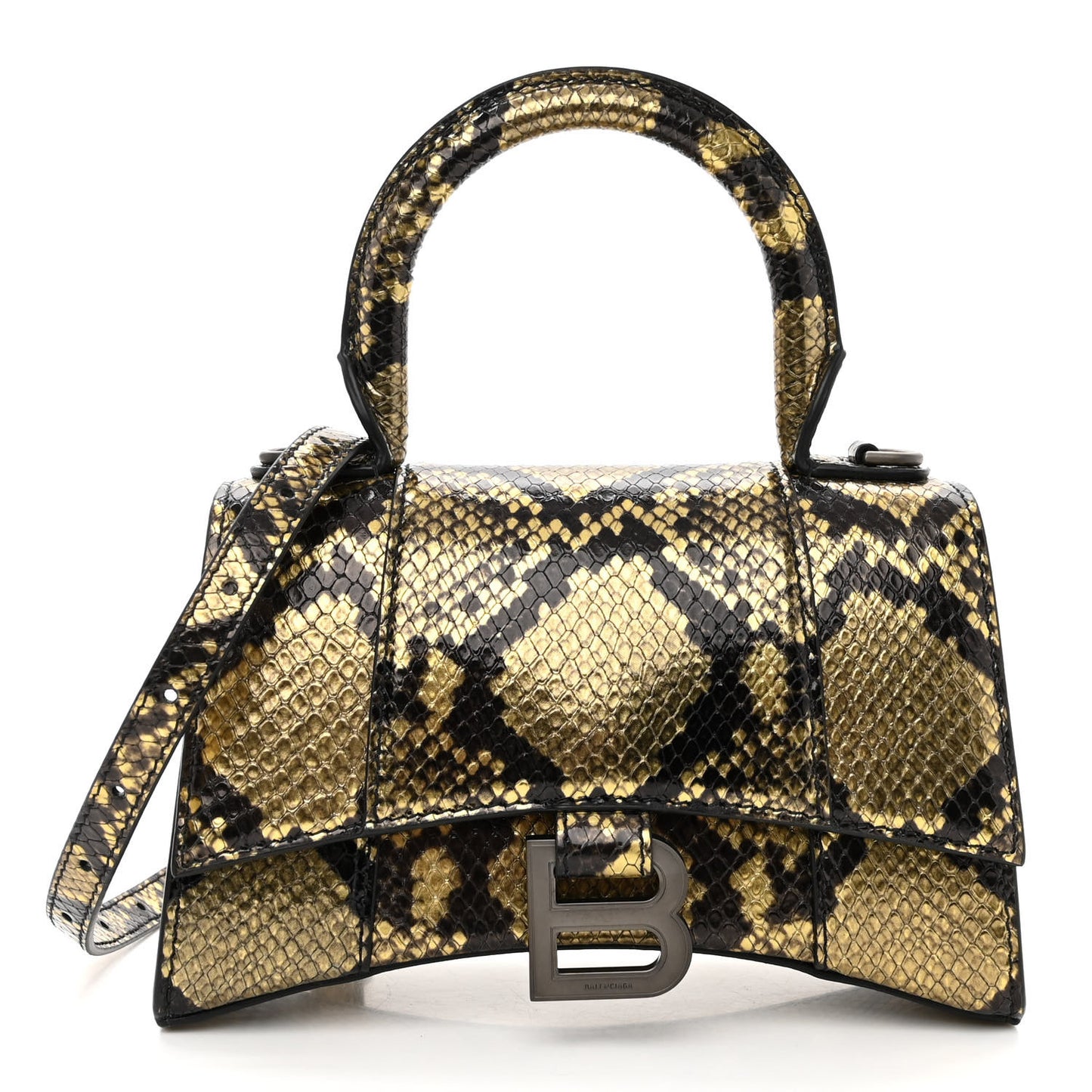 Shiny Calfskin Snakeskin Embossed Hourglass Top Handle Bag XS Gold Black