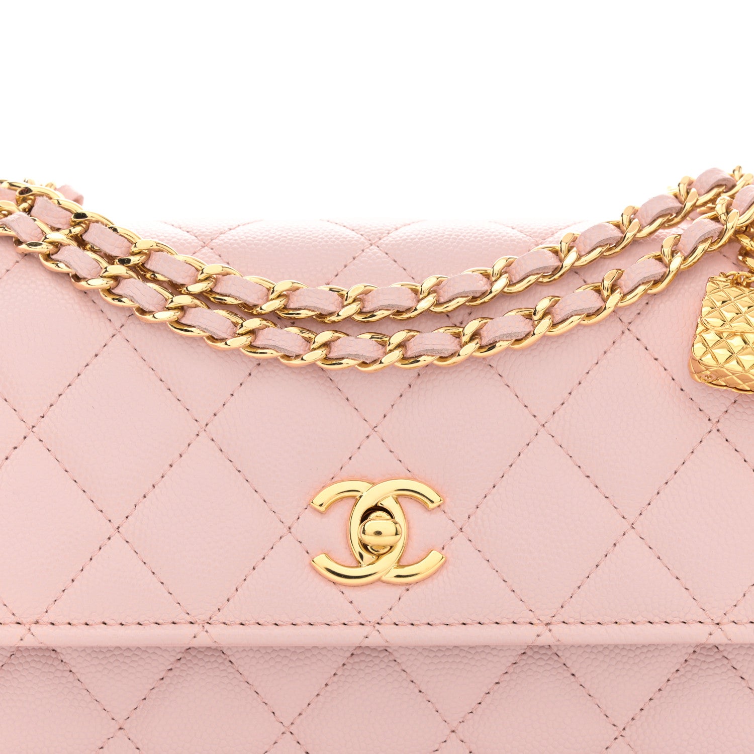 Chanel Shiny Caviar Quilted Flap Charm Wallet On Chain WOC Light Pink 10 of 13