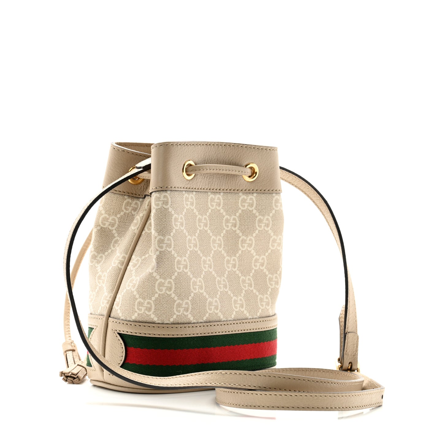 GG Supreme Monogram Textured Calfskin Web Mini Ophidia Bucket Bag Beige Mystic White Oatmeal