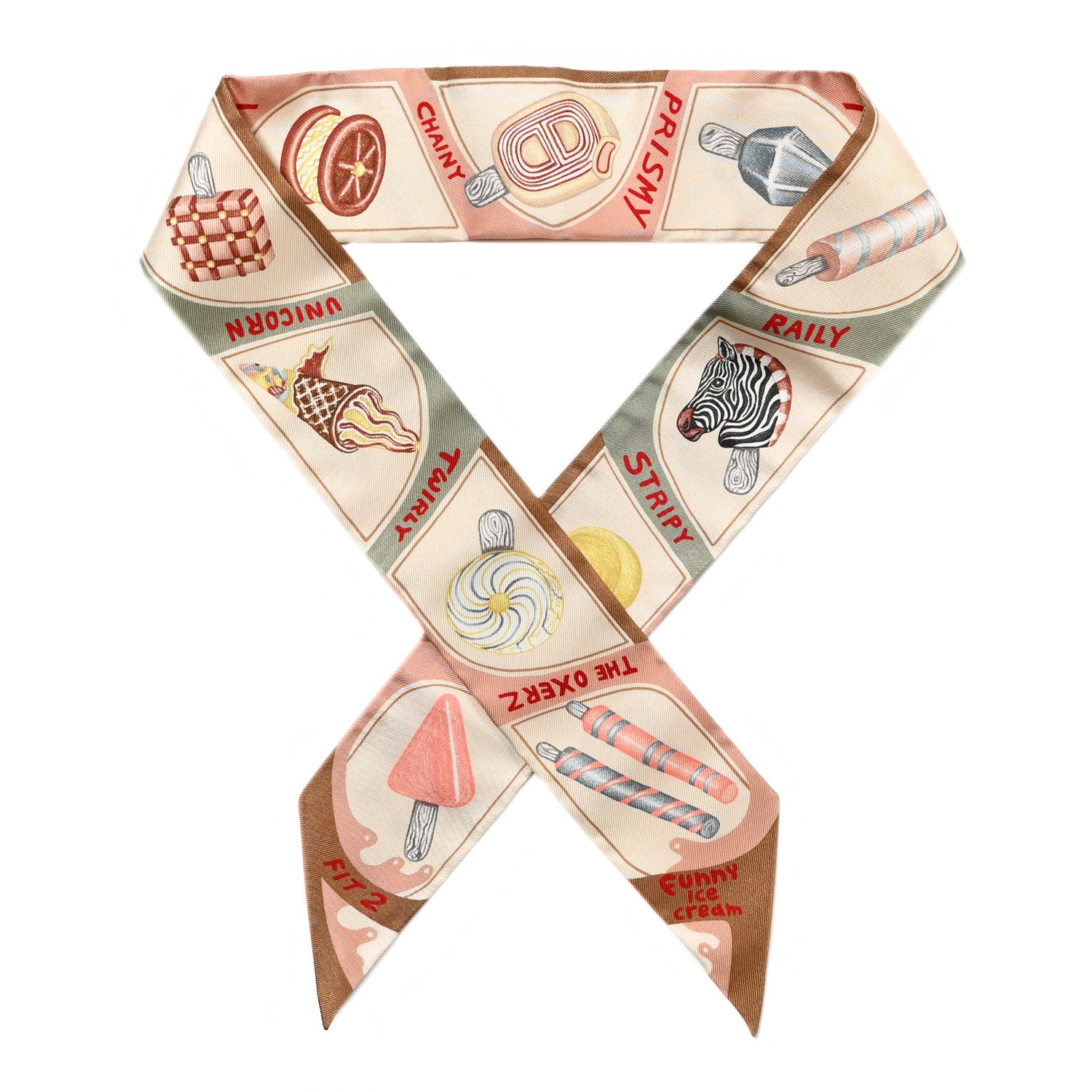 Hermes Silk Funny Ice Cream Twilly Beige Cream Vert 1435519