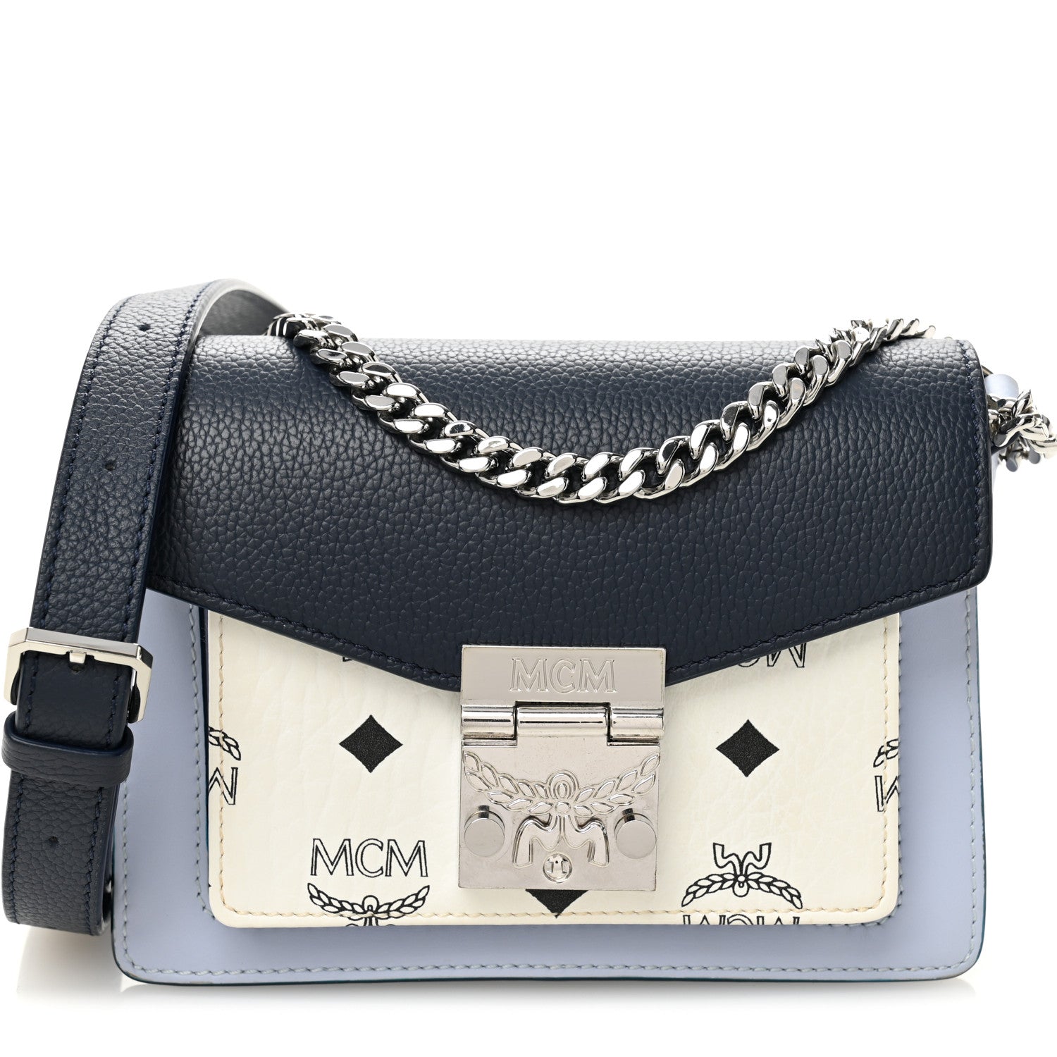 MCM Calfskin Visetos Mini Patricia Crossbody Bag Indigo White
