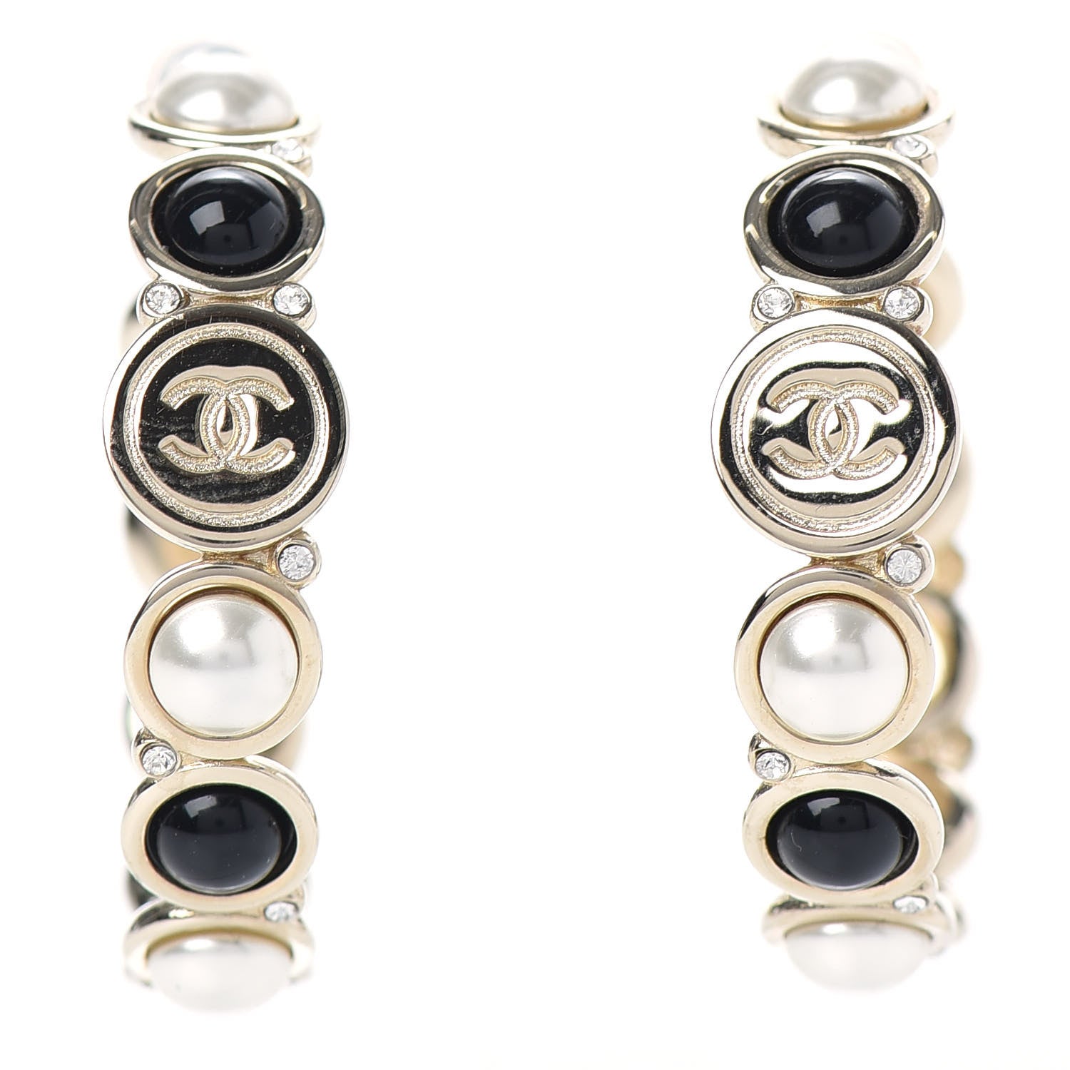 Chanel Crystal Pearl Metal Resin Polka Dot Hoop Earrings Gold Black 1 of 4