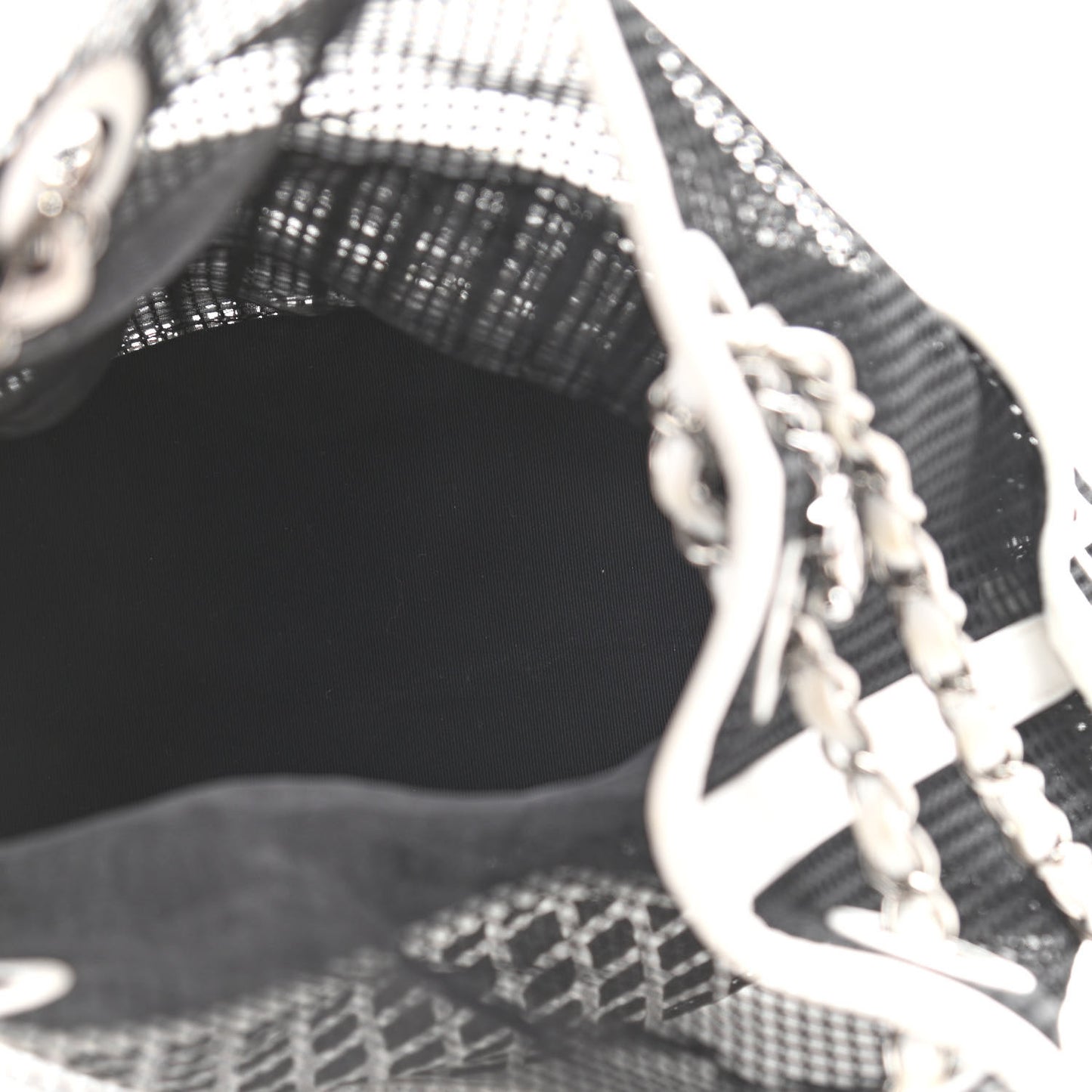Calfskin Mesh Chain Bucket Bag Black White