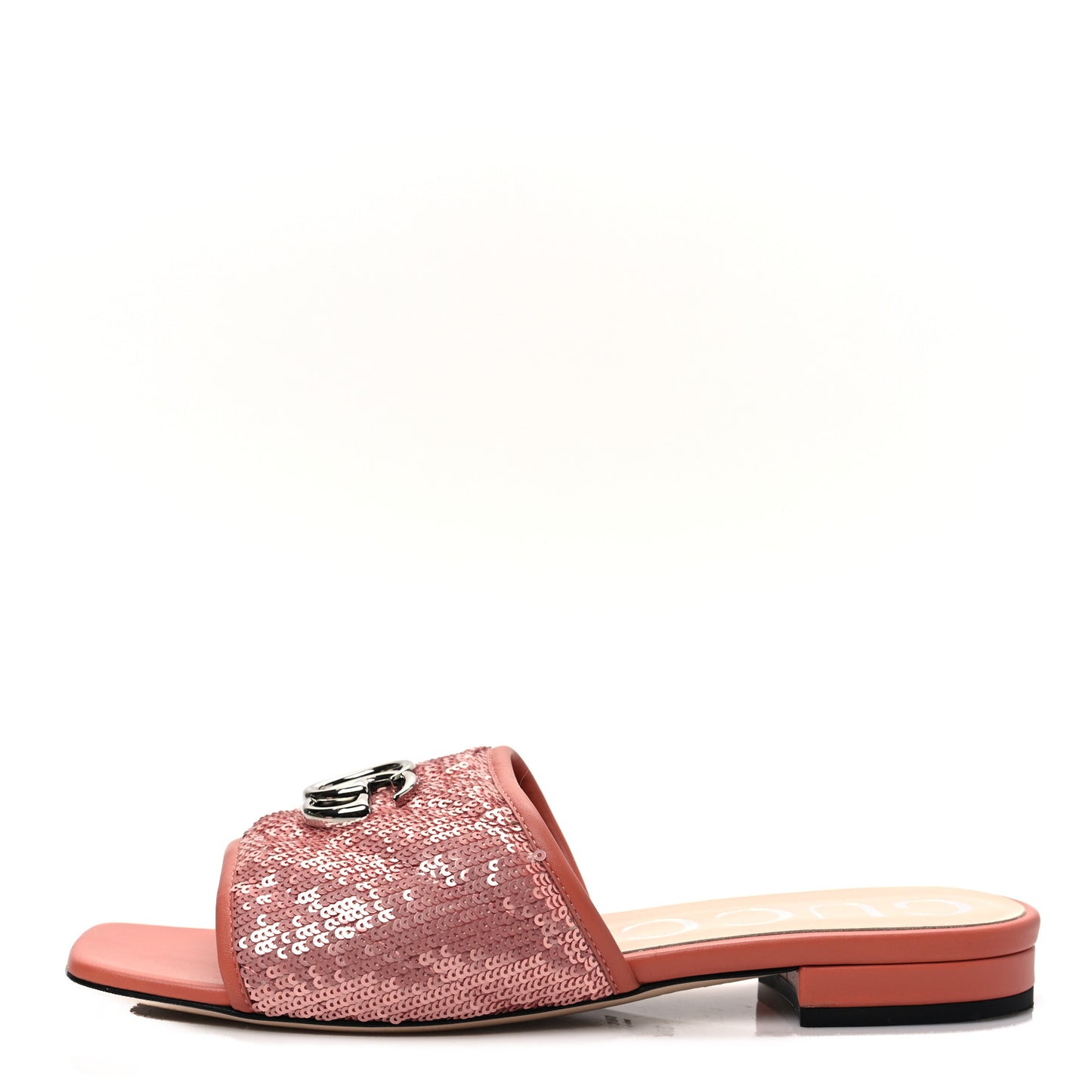 Sequin Satin Calfskin Matelasse GG Marmont Flat Slide Sandals 37.5 Antique Rose Rosa Pale Pink