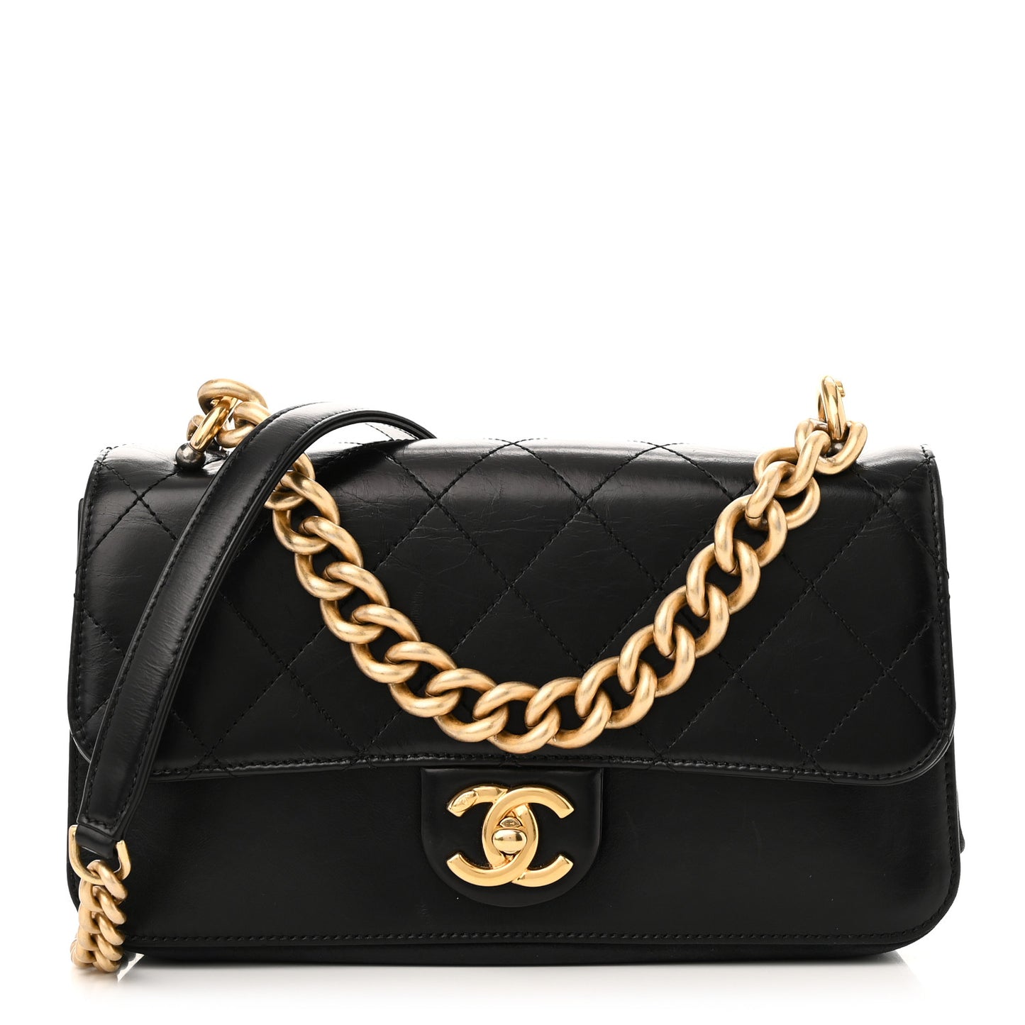Iridescent Calfskin Quilted Small Straight Lined Flap Black