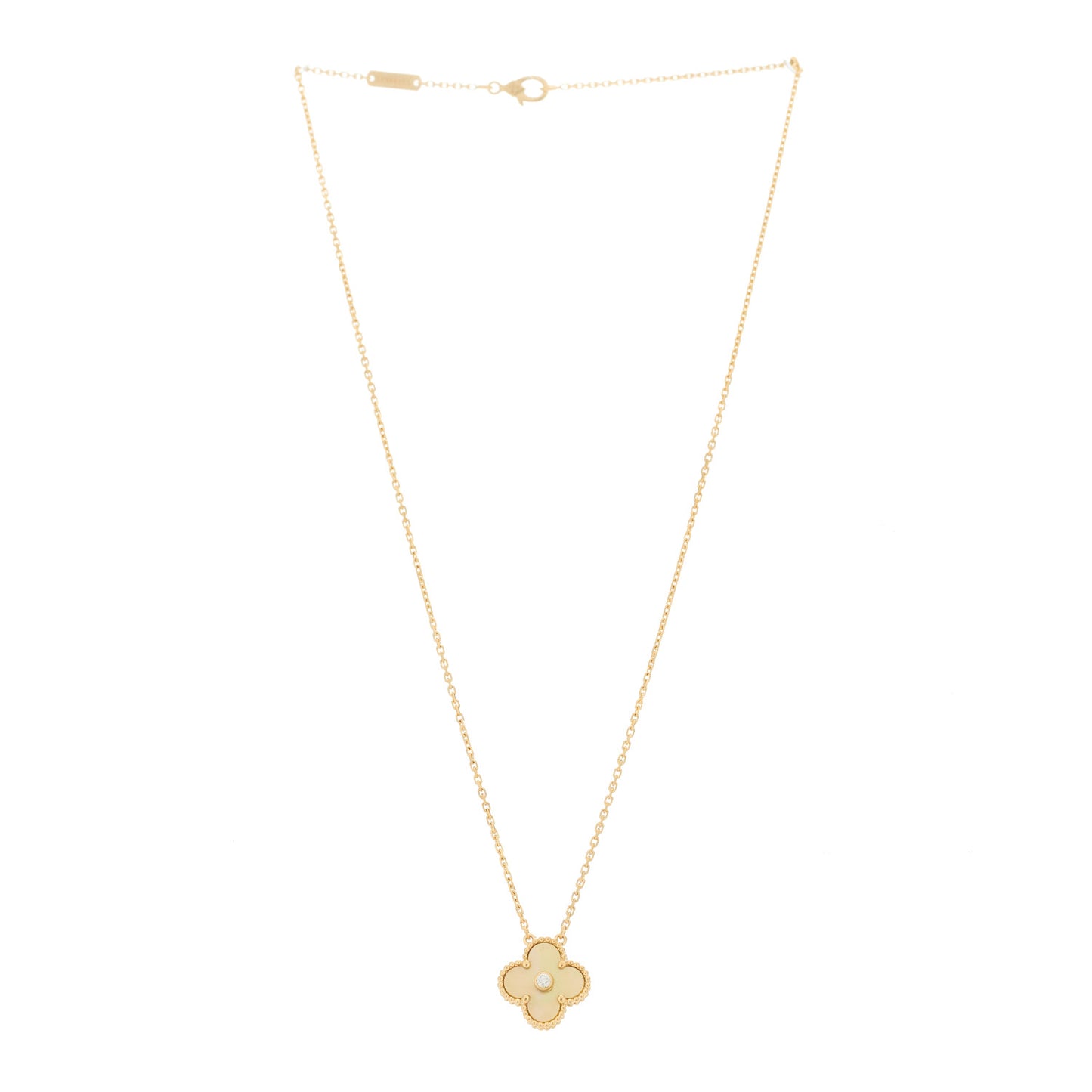 18K Yellow Gold Diamond Yellow Mother of Pearl Vintage Alhambra Pendant Necklace