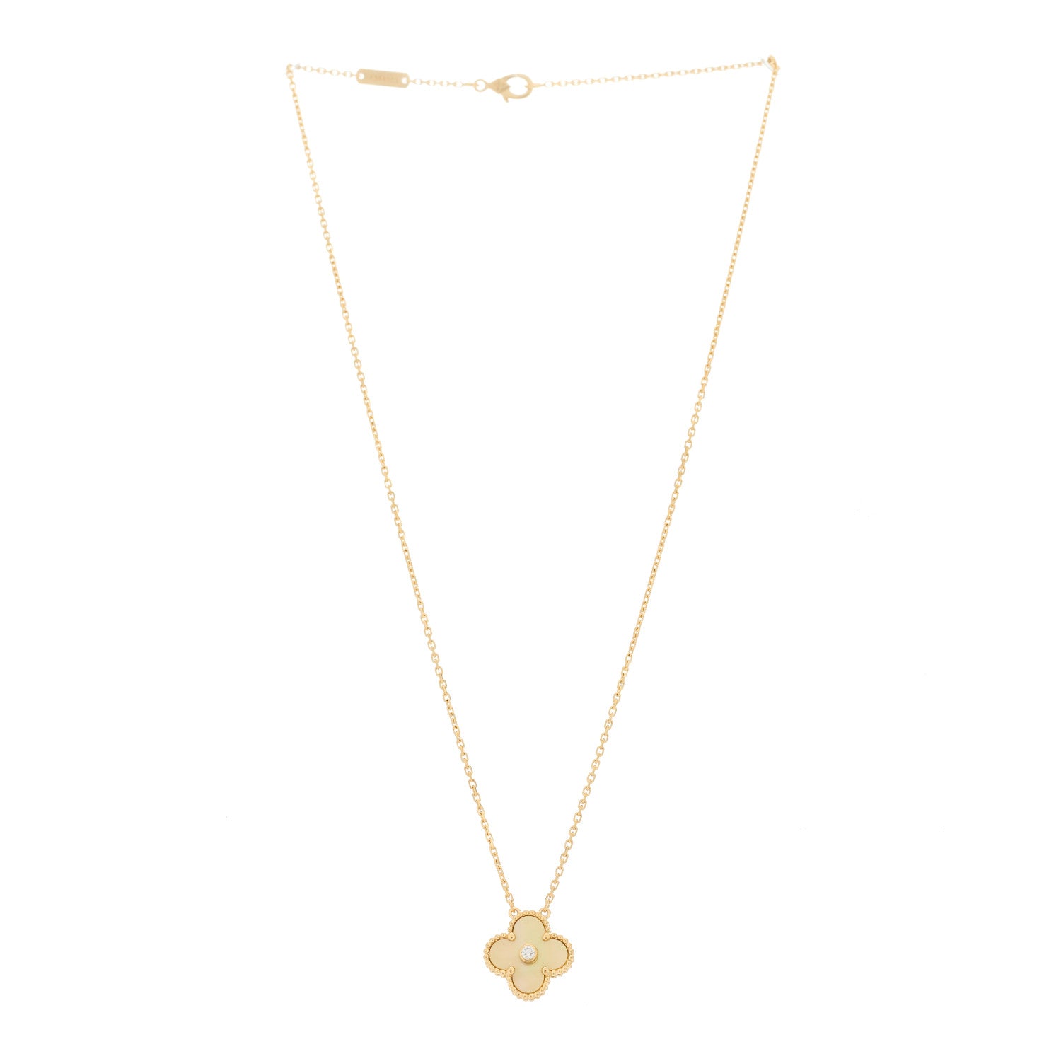 Van Cleef & Arpels 18K Yellow Gold Diamond Yellow Mother of Pearl Vintage Alhambra Pendant Necklace 3 of 5