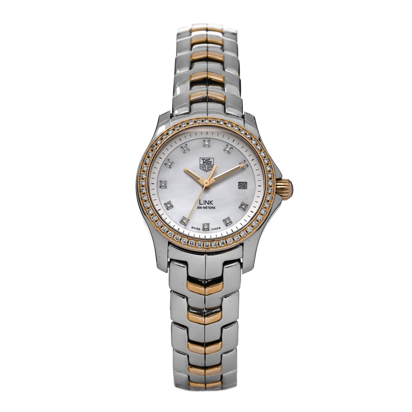 Stainless Steel 18K Yellow Gold Diamond Mother of Pearl 27mm Link Quartz Watch WJF1354