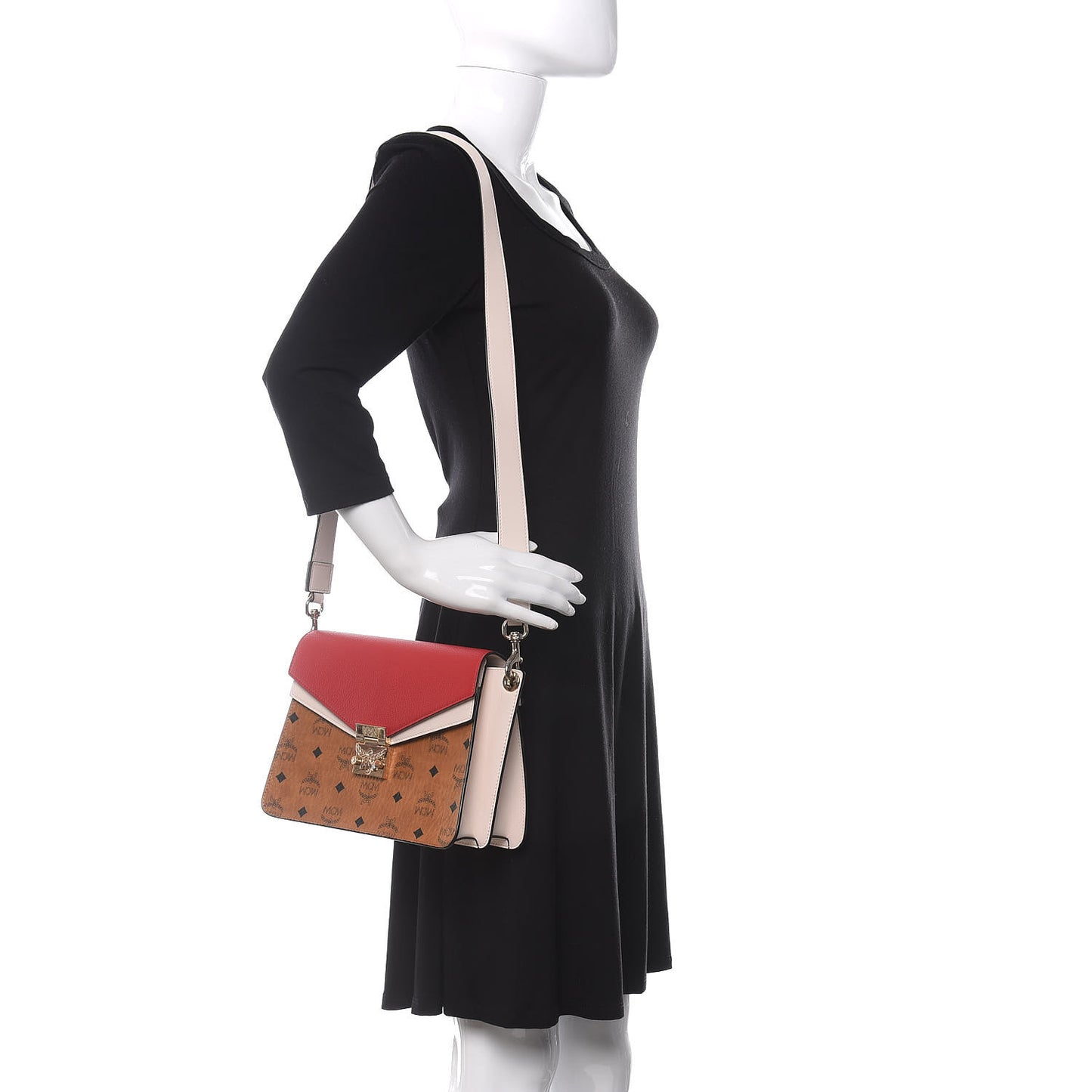 Visetos Calfskin Colorblock Mezzanin Shoulder Bag Cognac Ruby Red