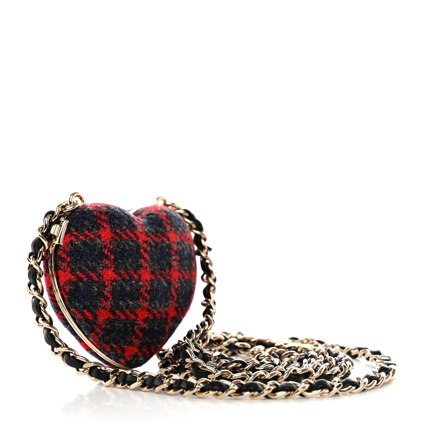 Tweed Lambskin CC Heart Mirror Locket Necklace Gold Grey Red Black