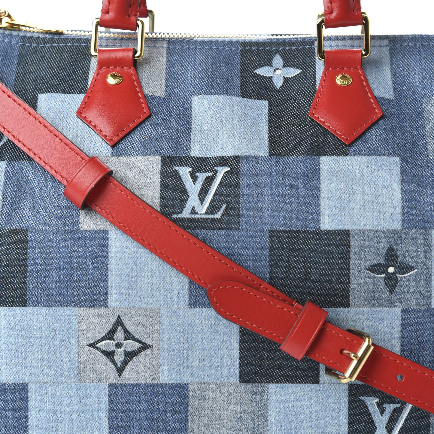 Denim Damier Monogram Patchwork Speedy Bandouliere 30 Blue Rouge