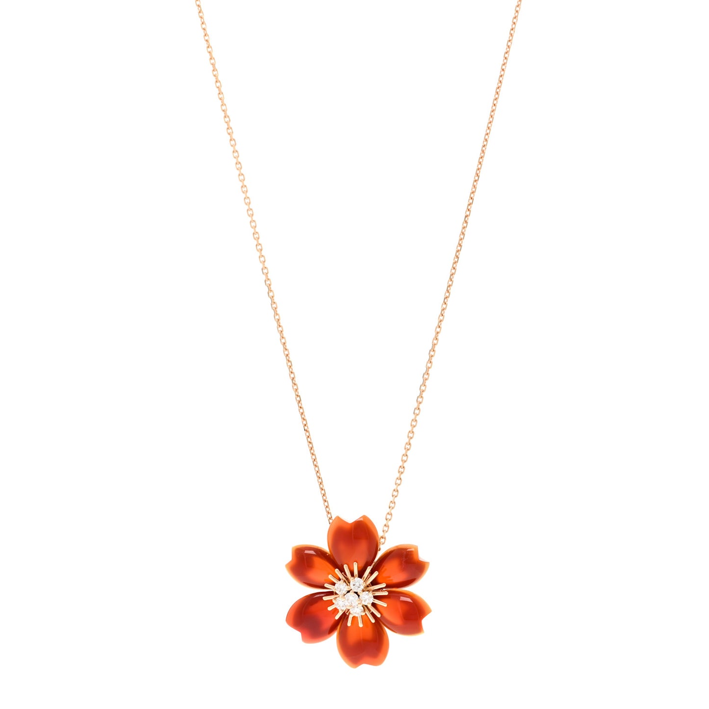 18K Yellow Gold Diamond Carnelian Small Rose De Noel Clip Pendant Necklace
