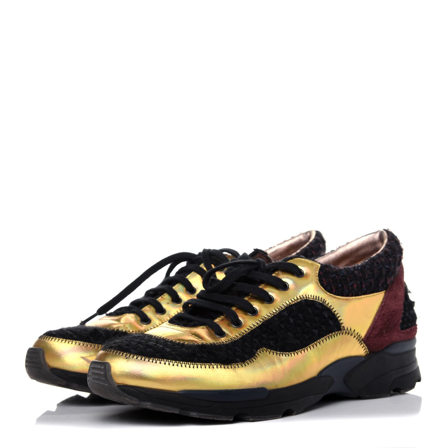 Tweed Suede Calfskin Runway Sneakers 37 Black Multicolor
