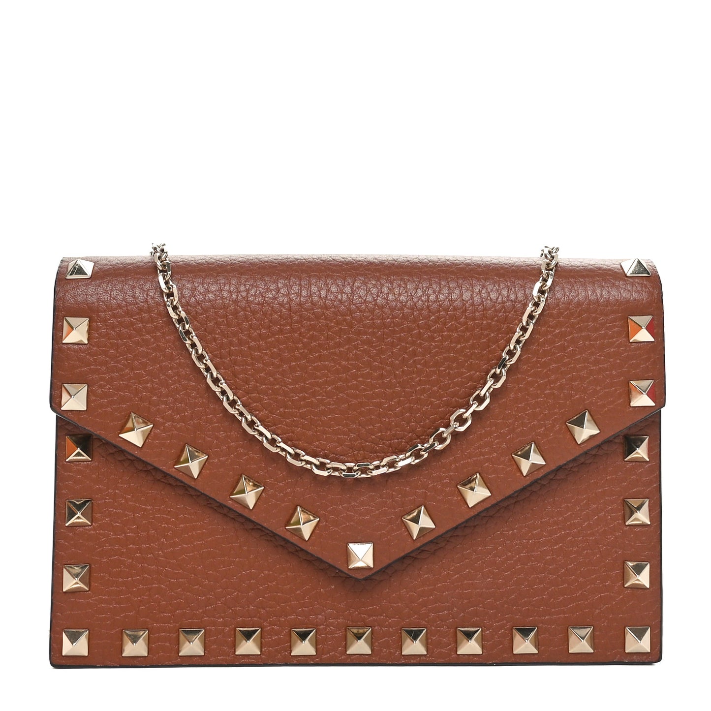 Pebbled Calfskin Rockstud Envelope Wallet on Chain Bright Cognac