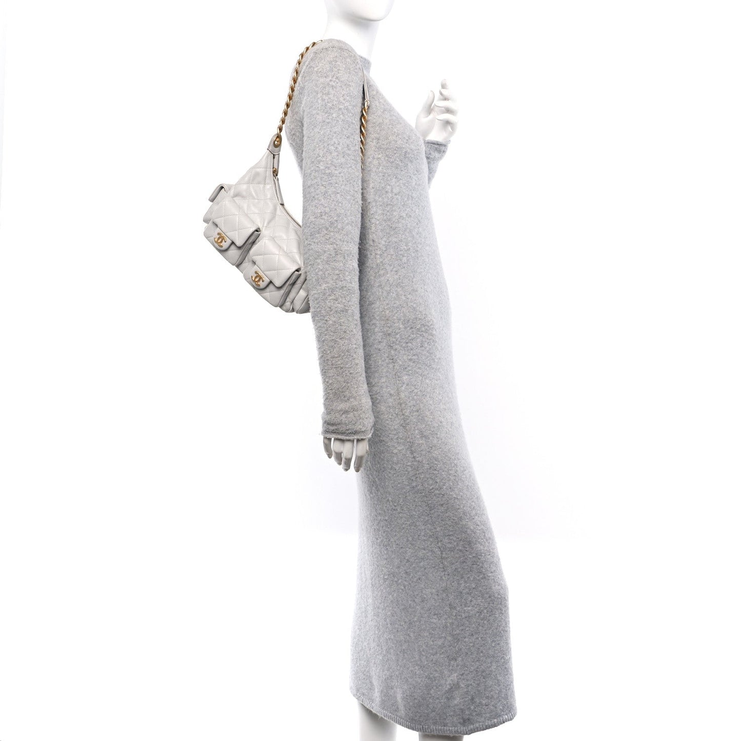 Shiny Lambskin Quilted Large Trendy Pockets Hobo Light Grey