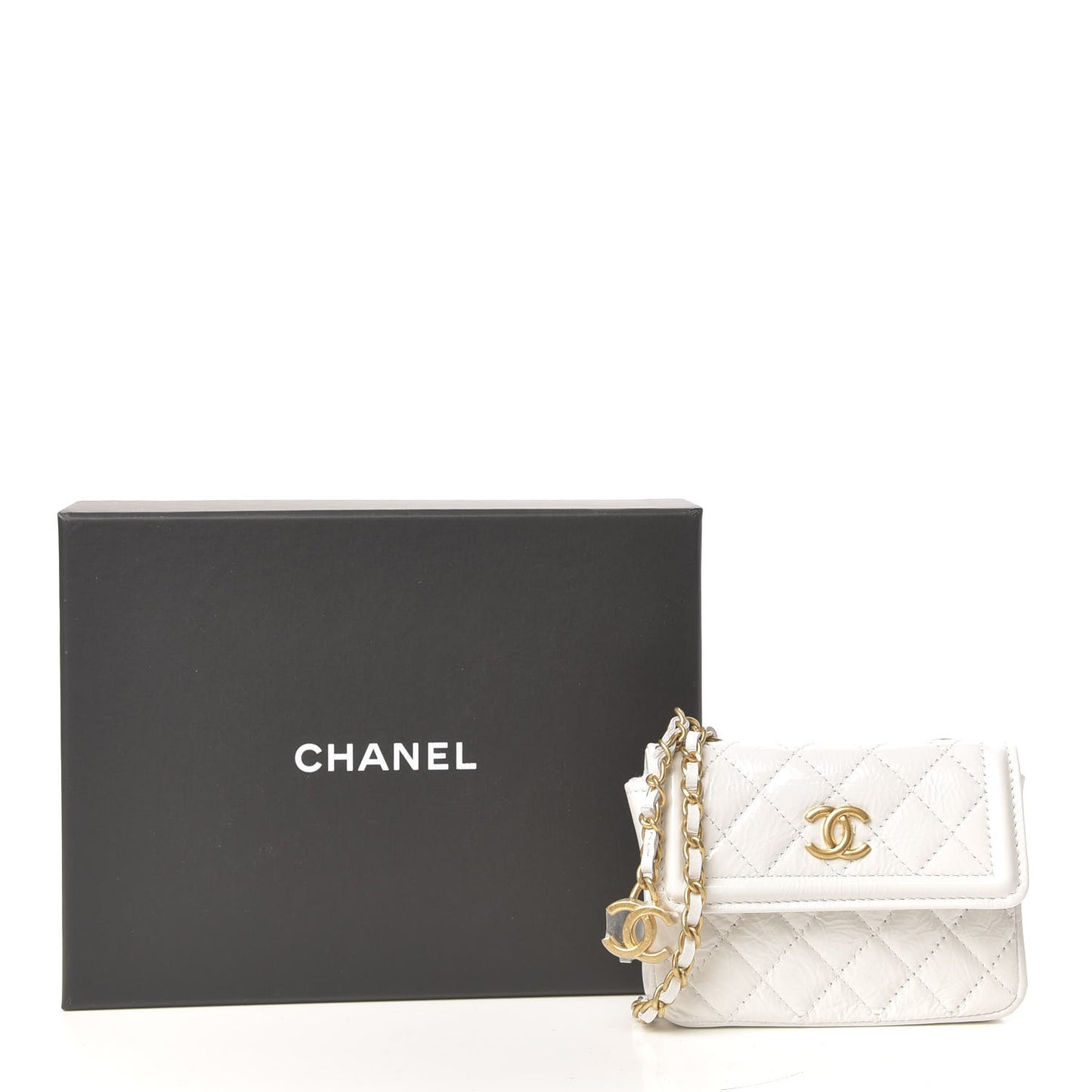 Shiny Aged Calfskin Quilted Waist Belt Bag White