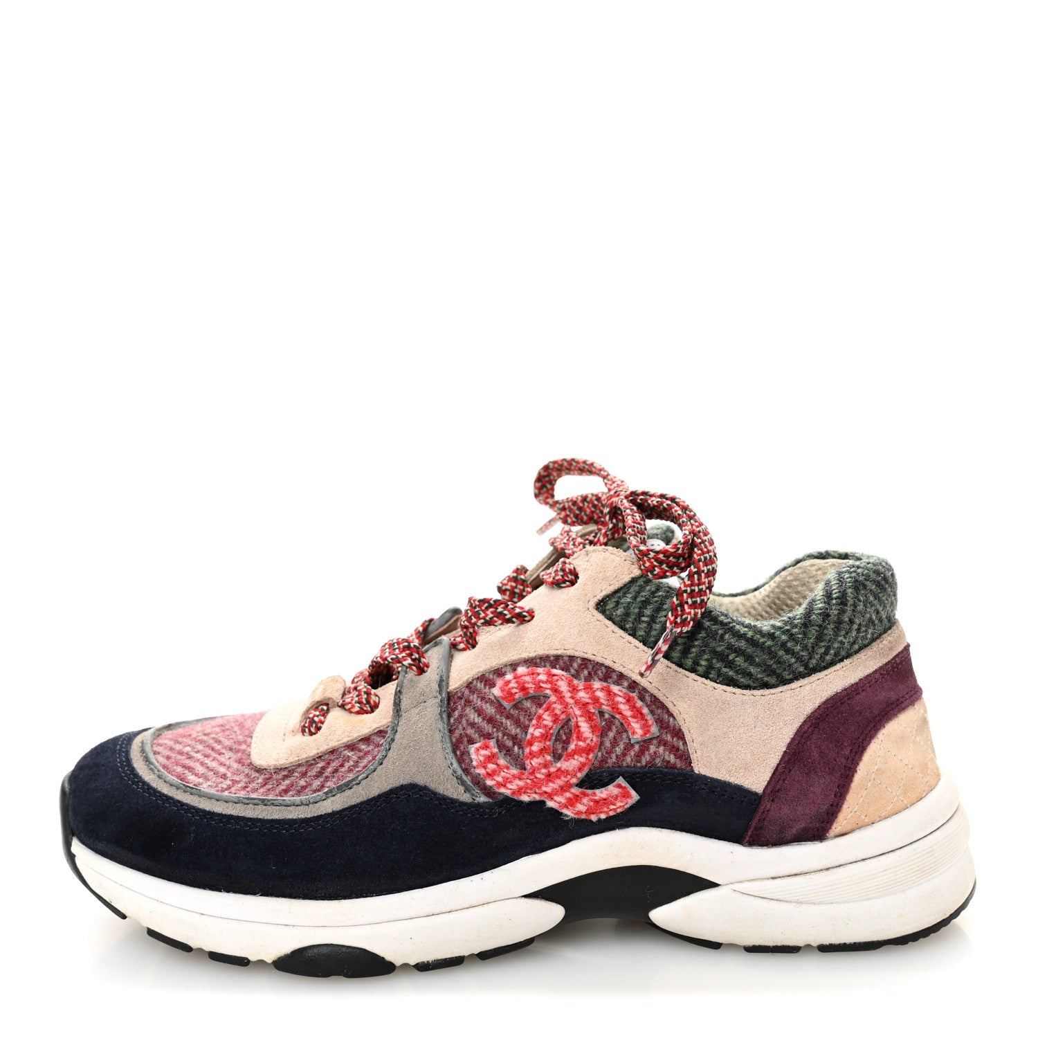 Chanel Tweed Suede CC Sneakers 38.5 Navy Red Multicolor 1807831