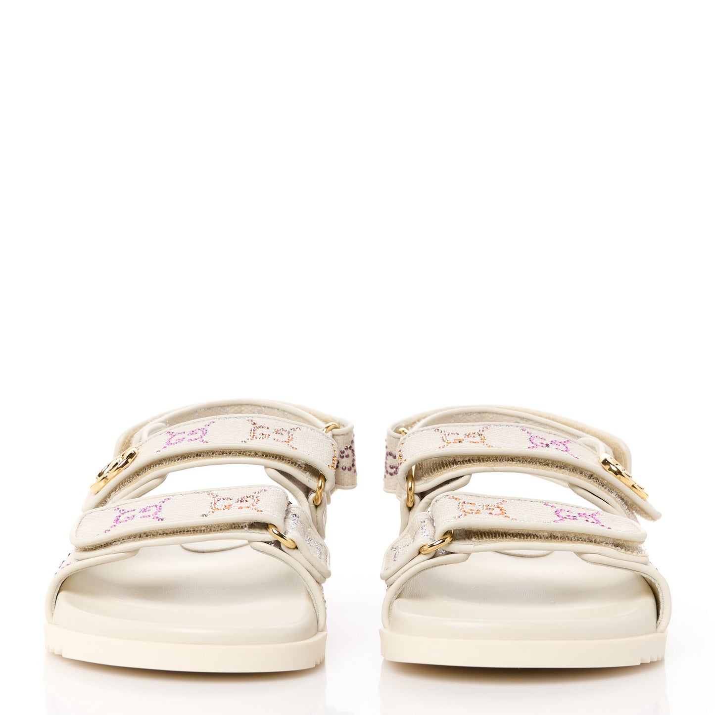 Canvas Lame Crystal GG Monogram Double G Womens Dad Sandals 39 Gardenia Silver Mystic White