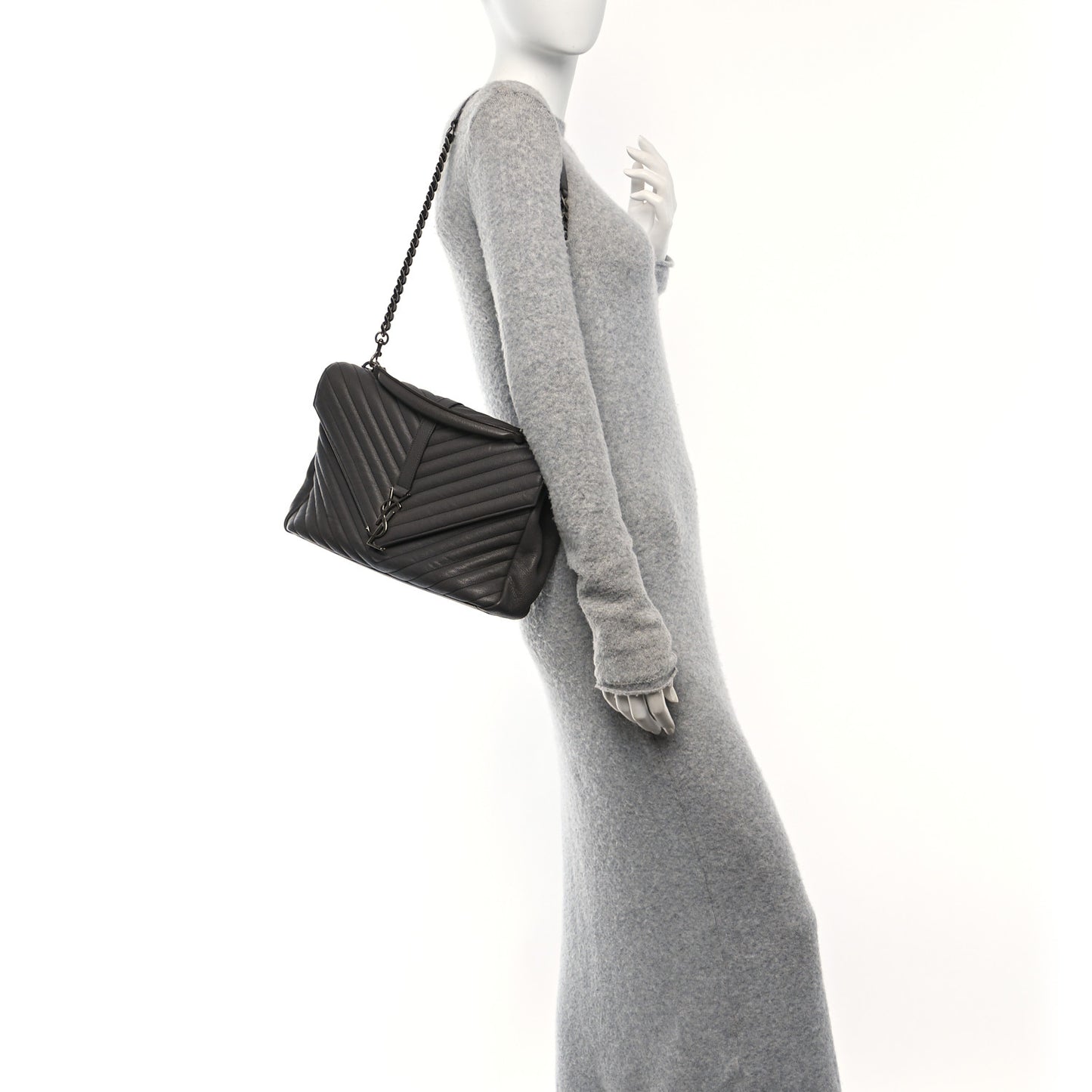 Sheepskin Matelasse Chevron Monogram Large College Satchel Dark Anthracite