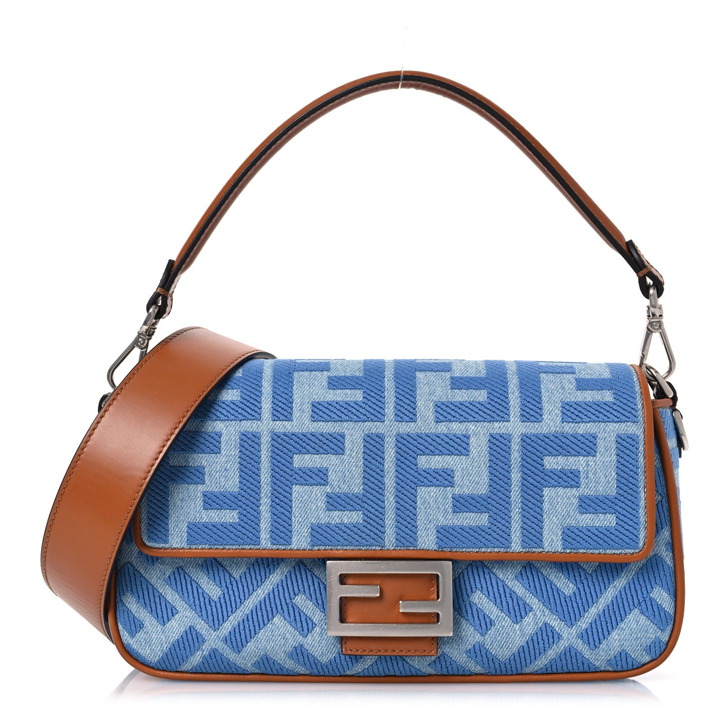 Denim Vitello King FF Embroidered Baguette Denim Chiaro Brandy