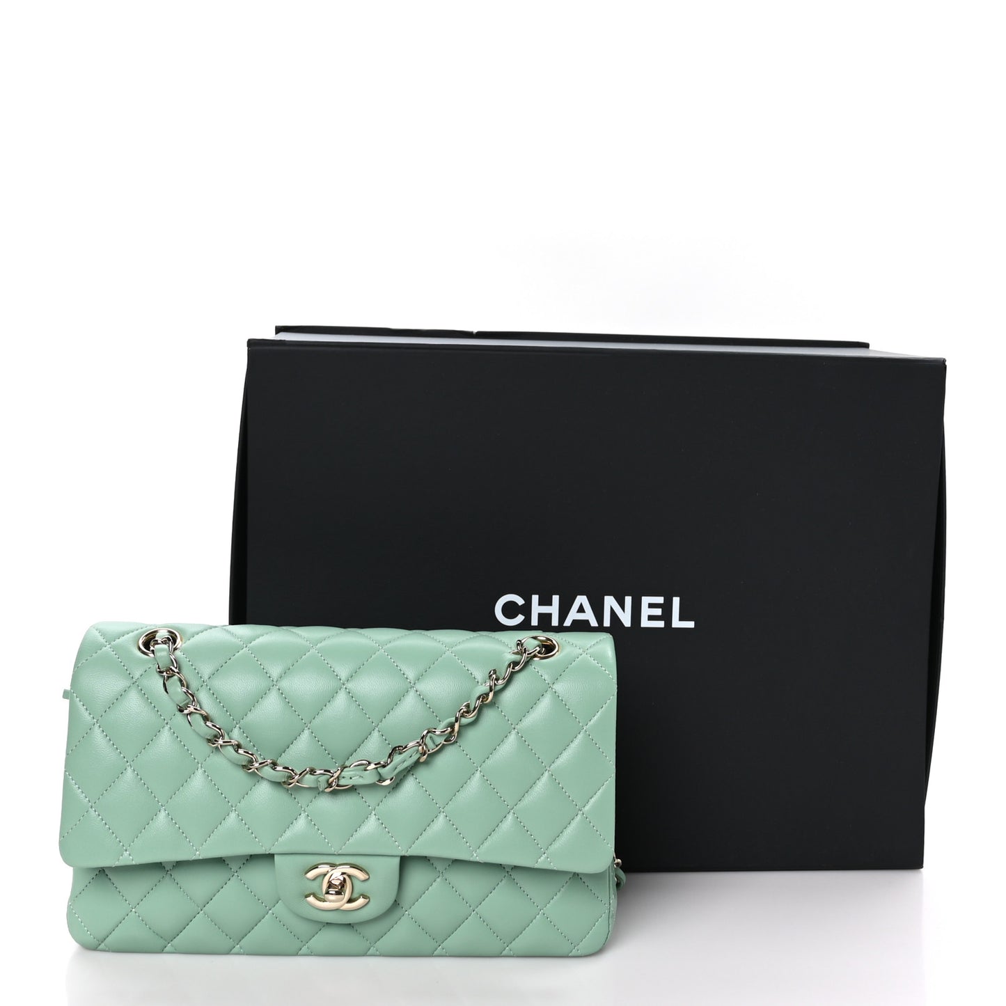 Lambskin Quilted Medium Double Flap Light Green