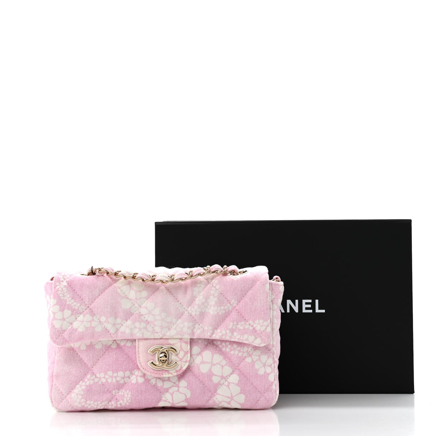 Printed Denim Quilted Flap Bag Pink White