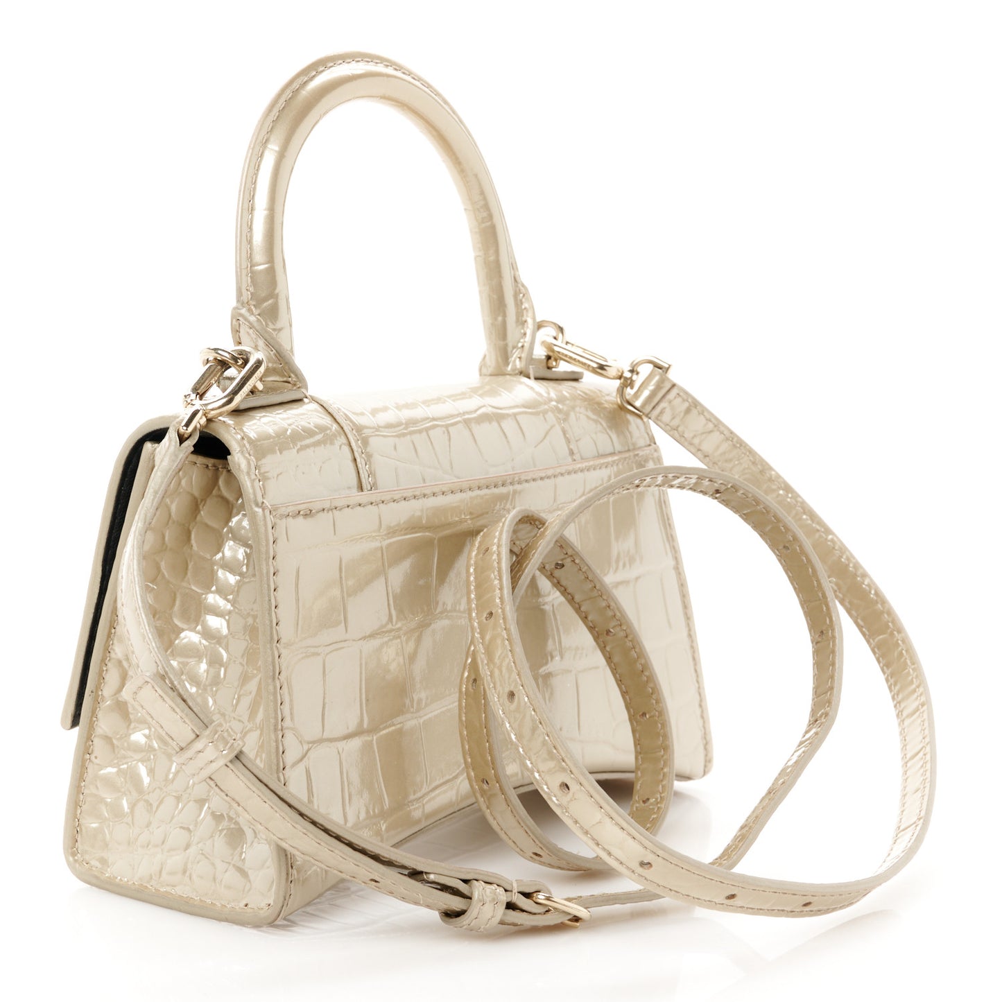 Metallic Shiny Calfskin Crocodile Embossed Hourglass Top Handle Bag XS Light Gold