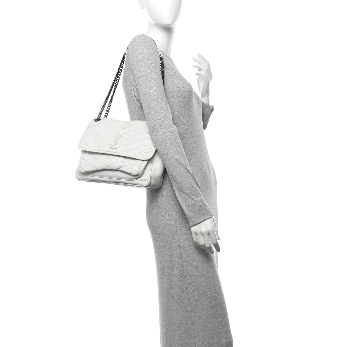 Crinkled Calfskin Matelasse Monogram Medium Niki Chain Satchel Ivory