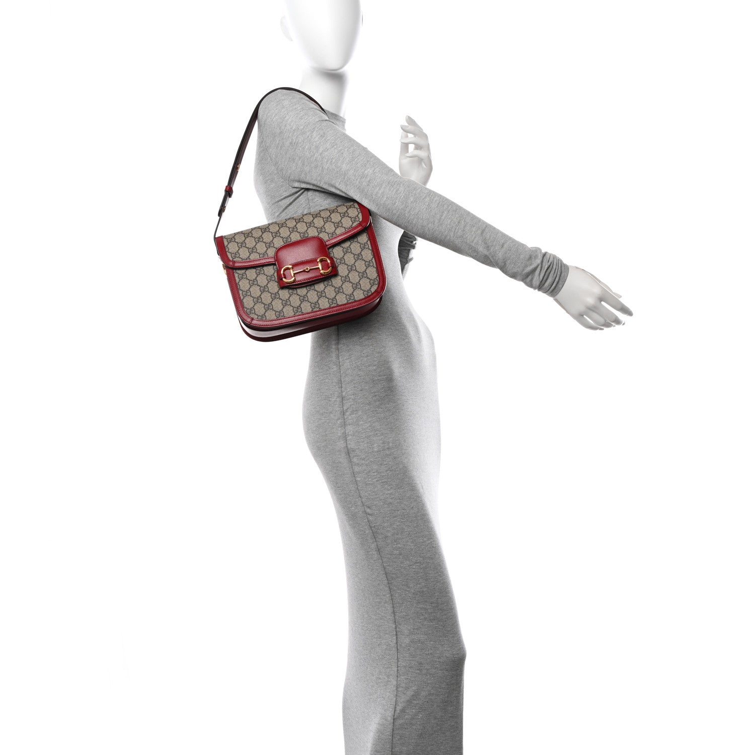 Gucci GG Supreme Monogram Azalea Calfskin Horsebit 1955 Shoulder Bag Beige Ebony New Cherry Red 2 of 10