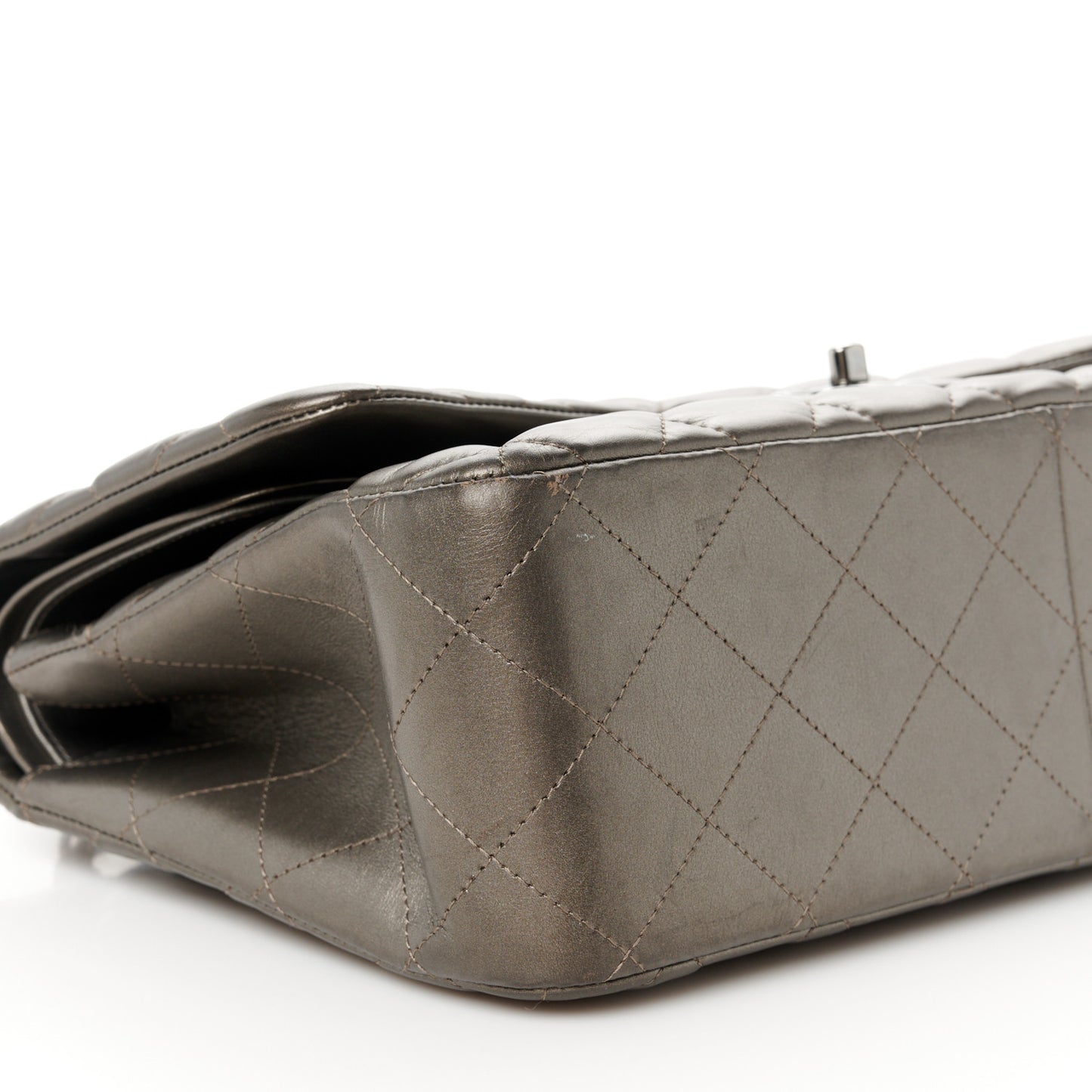 Metallic Lambskin Quilted Jumbo Double Flap Pewter