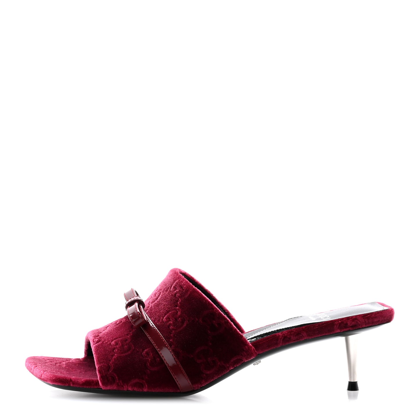 New Velvet Ashmir Regent Calfskin GG Monogram Square Toe Bow 45mm Slide Sandals 35.5 Red Grape