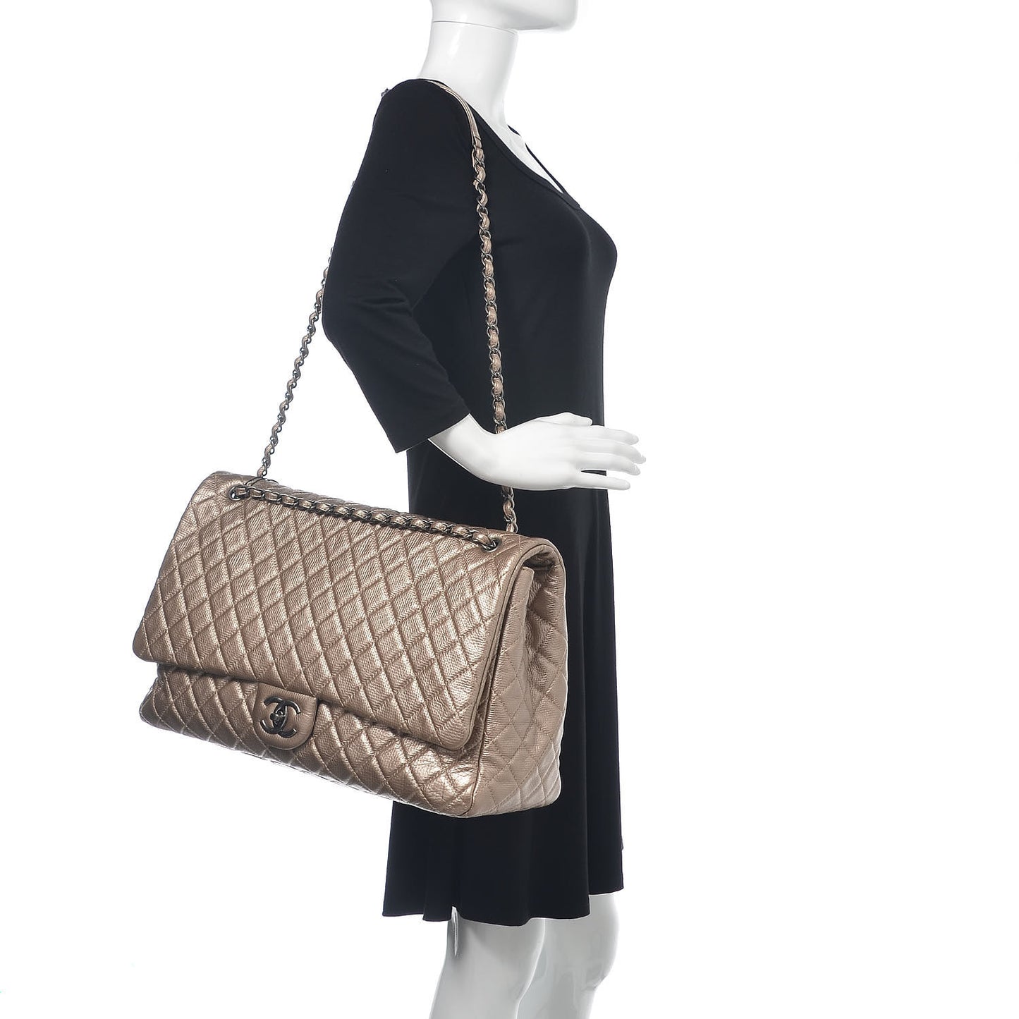 Metallic Calfskin Quilted XXL Travel Flap Bag Gold