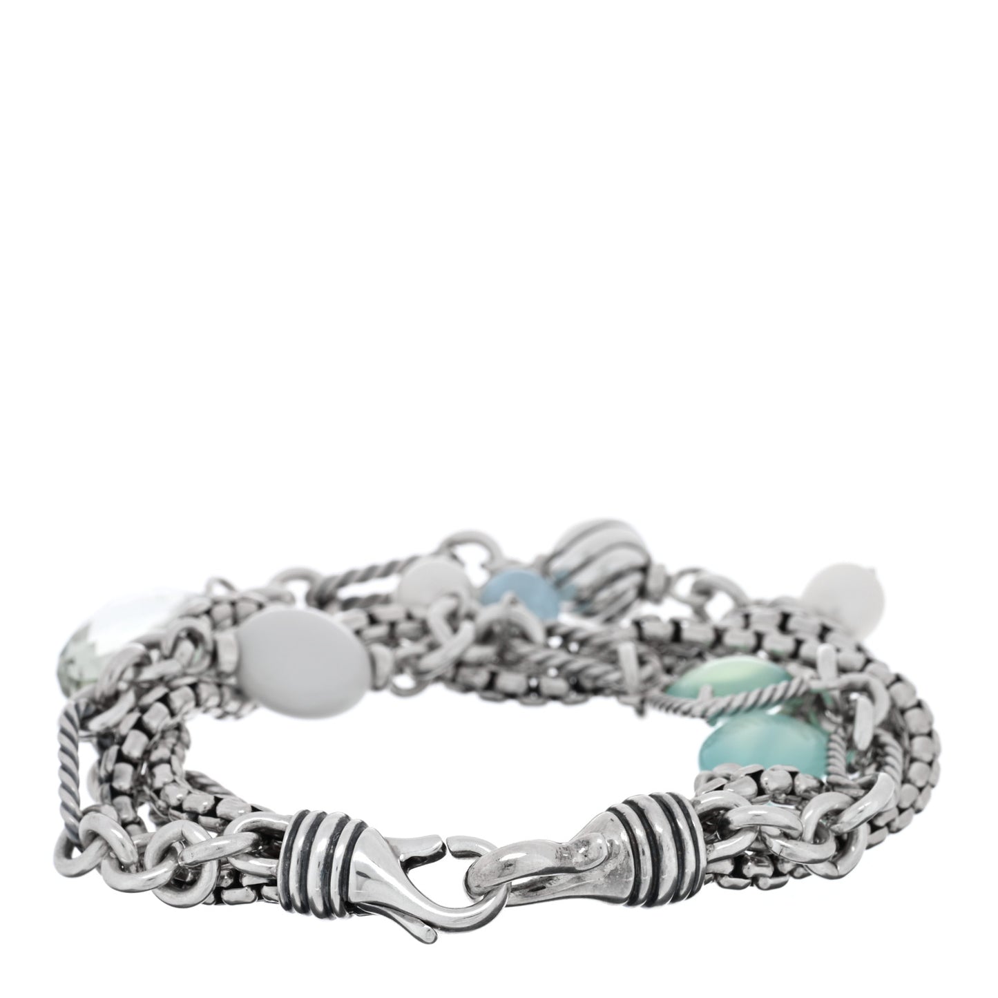 Sterling Silver Aquamarine Chalcedony Pearl Prasiolite White Agate Multi Chain Bracelet