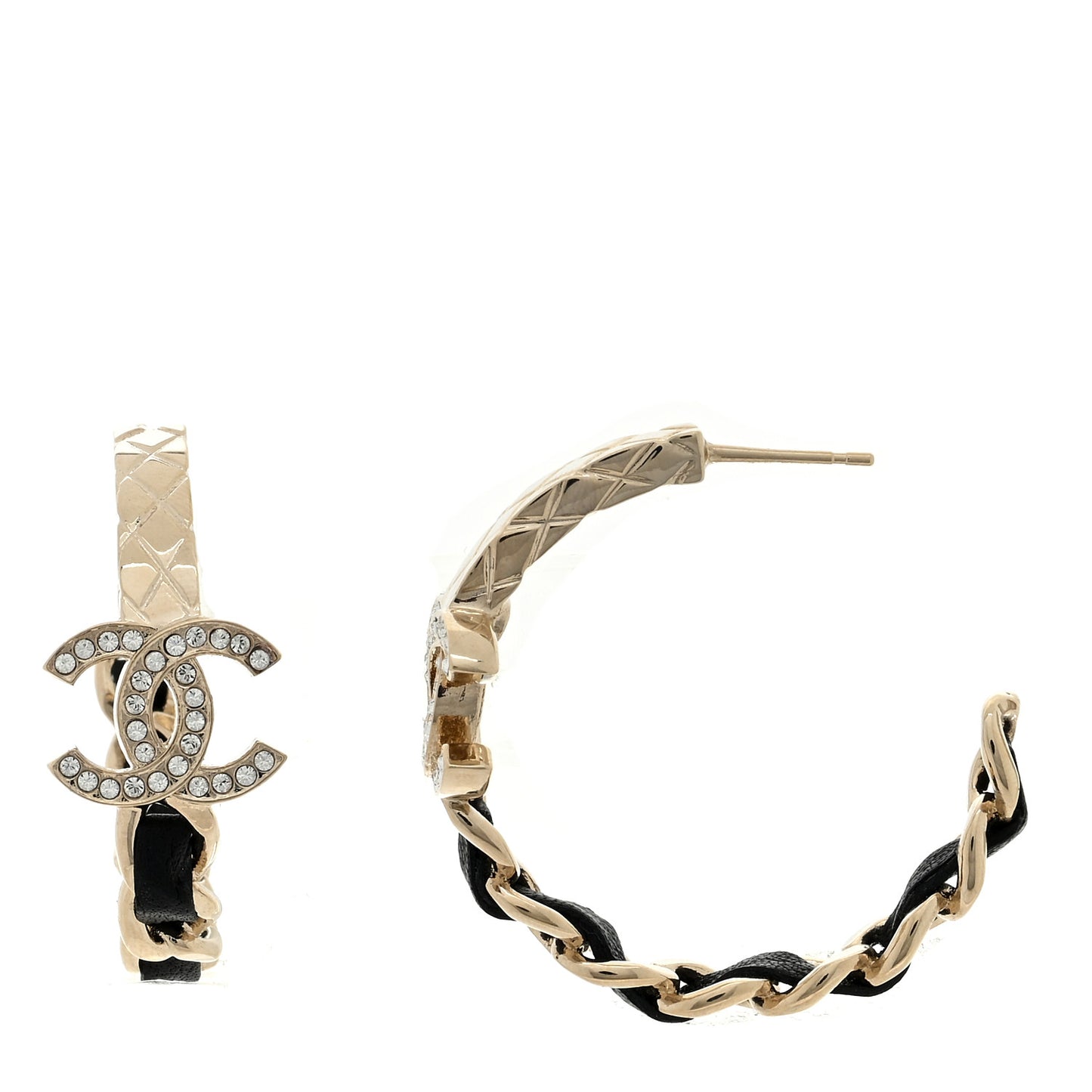 Metal Crystal Lambskin Quilted CC Chain Hoop Earrings Gold Black