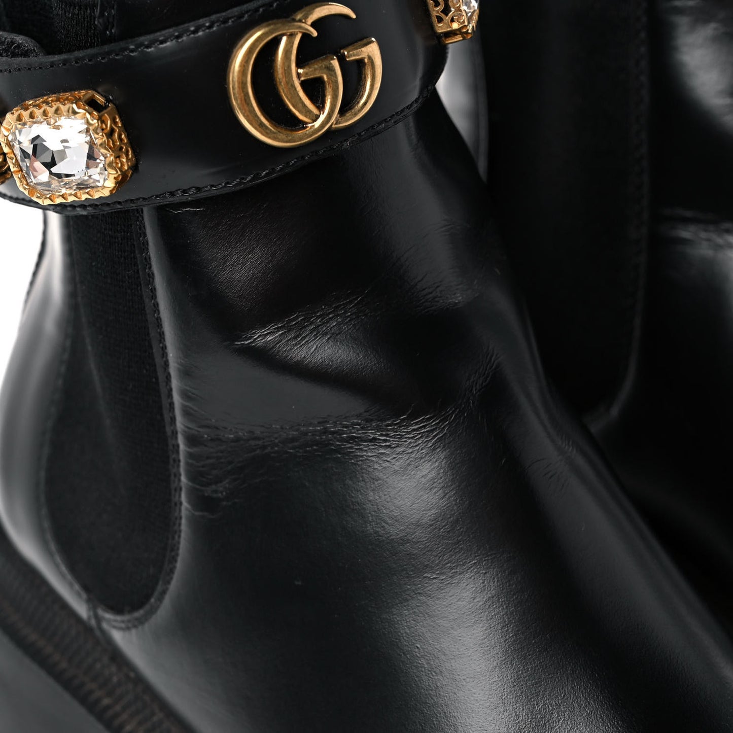 Calfskin Crystal GG Trip Chelsea Ankle Boots 36 Black