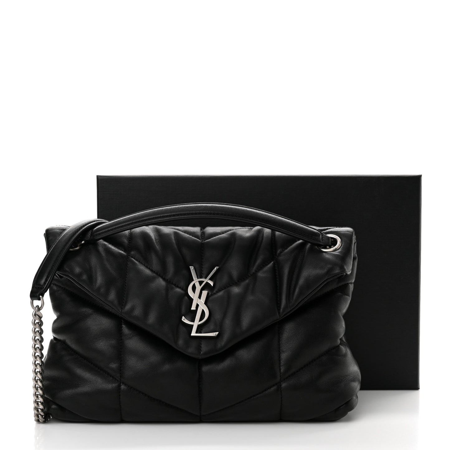 Lambskin Quilted Small Loulou Puffer Monogram Chain Satchel Black