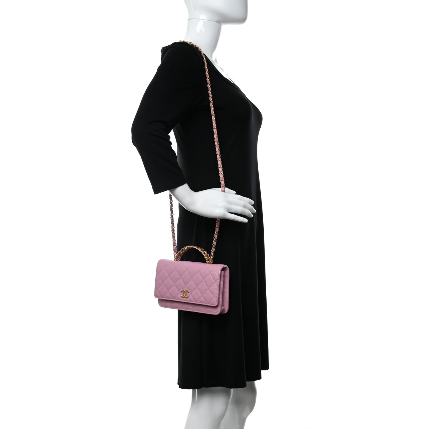 Shiny Caviar Quilted Pick Me Up Wallet On Chain WOC Pink