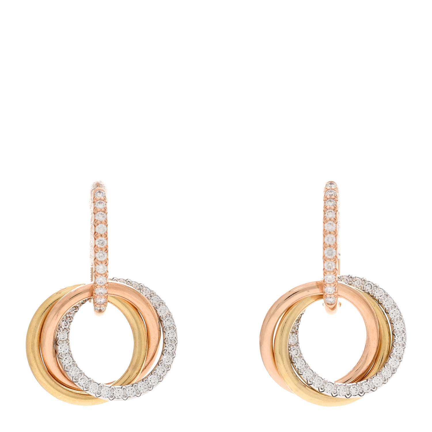 Cartier 18K Yellow Pink White Gold Diamond Trinity Half Pave Drop Earrings 1 of 5