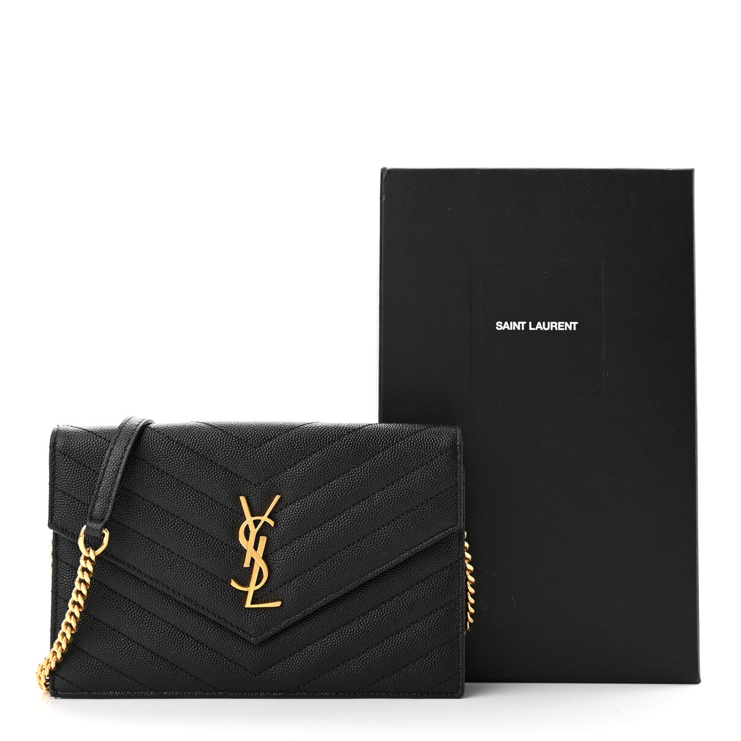 Grain De Poudre Matelasse Chevron Monogram Envelope Chain Wallet Black