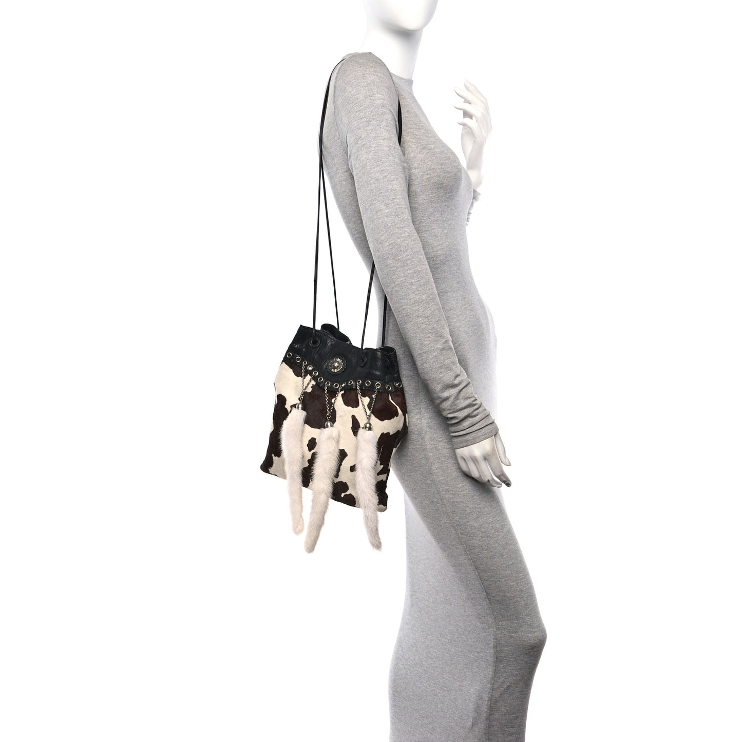 Lambkskin Mink Fur Pony Hair Drawstring Bag Black