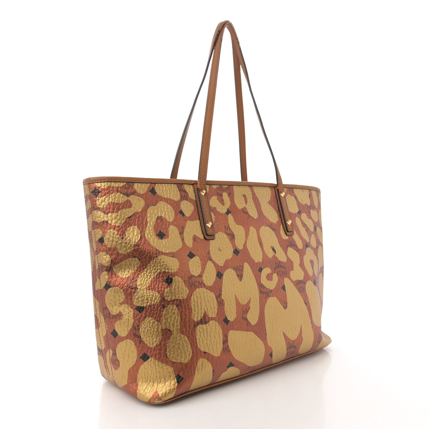 Visetos Metallic Leopard Print Medium Anya Shopper Tote Cognac