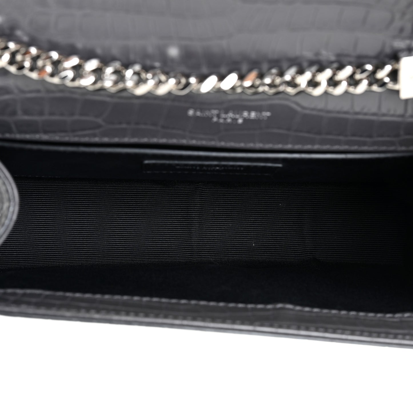 Calfskin Crocodile Embossed Medium Classic Monogram Kate Tassel Satchel Dark Grey