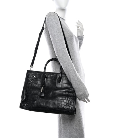 Calfskin Crocodile Embossed Large Thin Sac De Jour Black