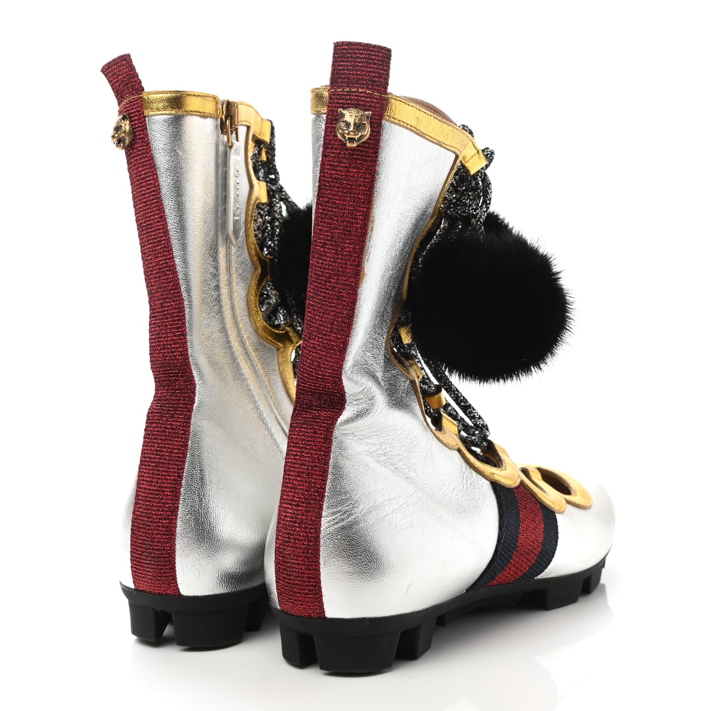 Metallic Nappa Mink Web Lace Up Titan Sneakers 35.5 Argento Gold