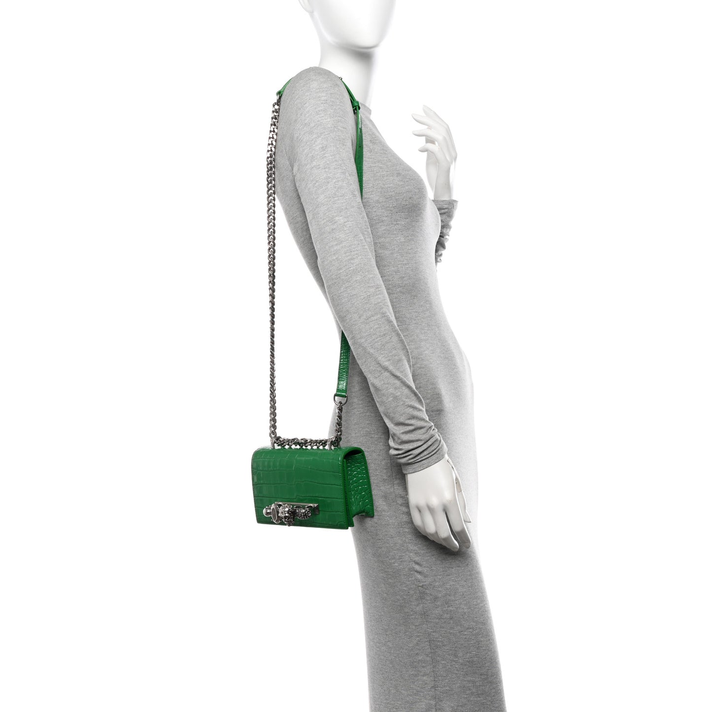 Calfskin Crocodile Embossed Knuckle Shoulder Bag Green