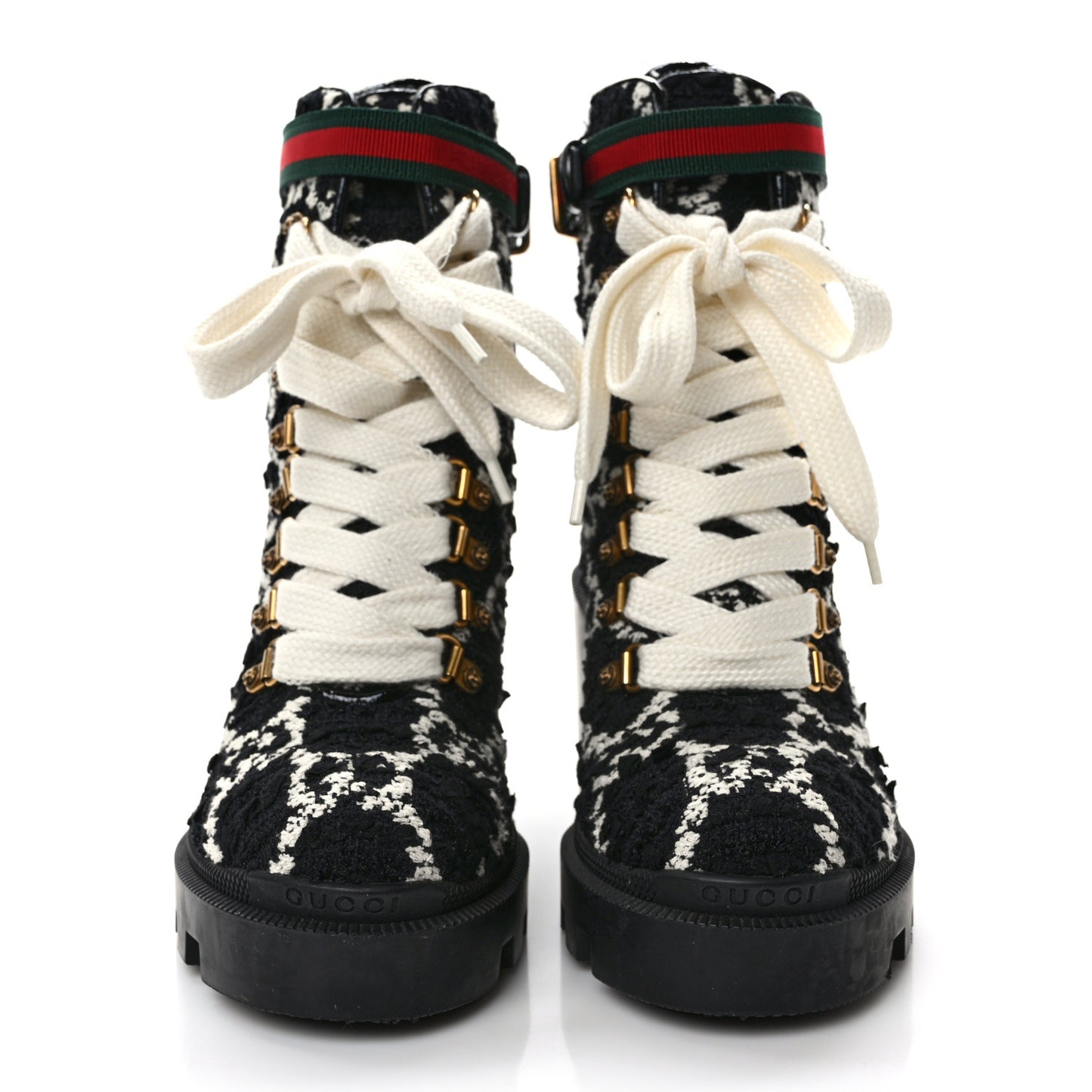 Tweed GG Monogram Lace Up Combat Ankle Boots 36.5 Black